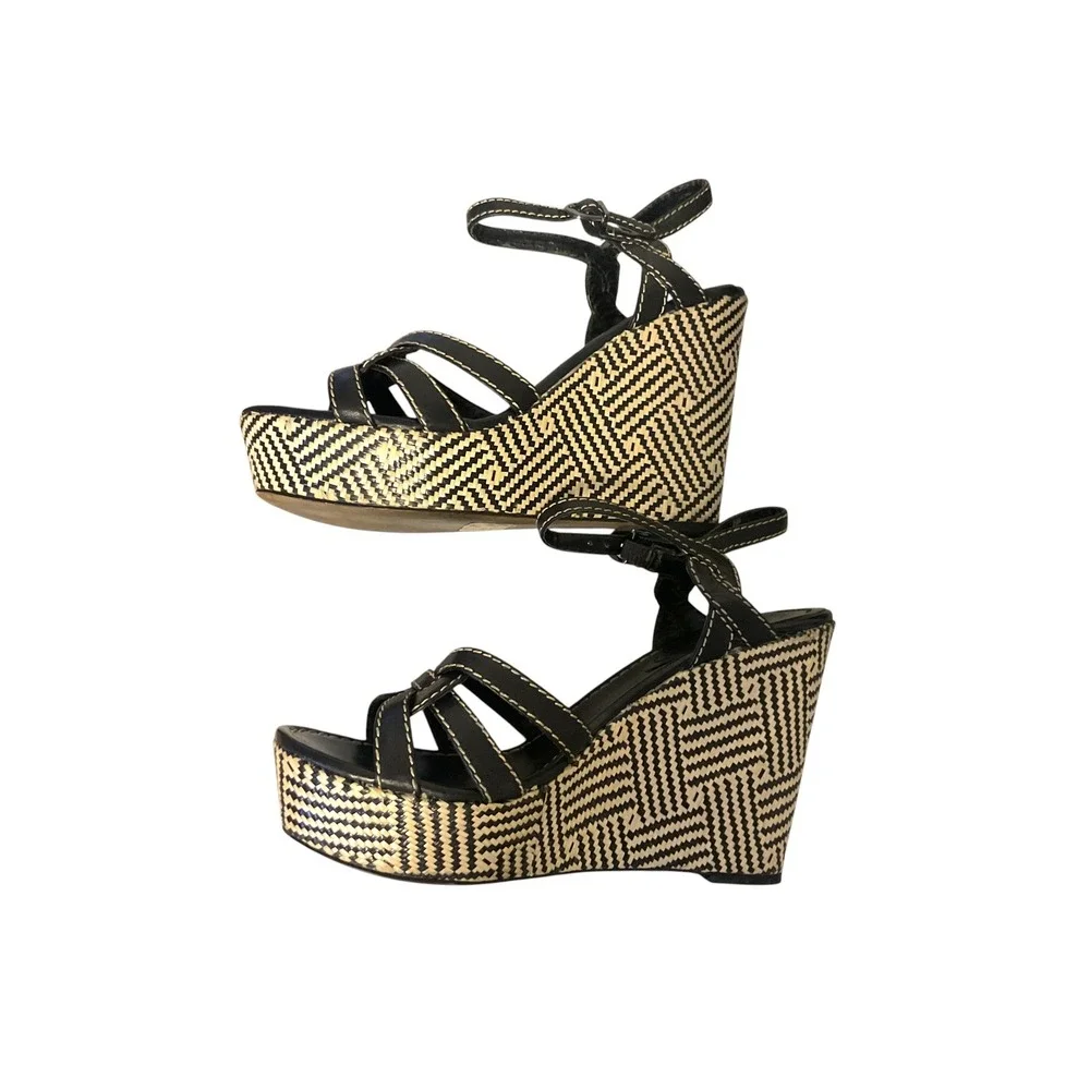 Vince Camuto Black Leather Woven Geometric Platform Wedge Sandals 9B 39